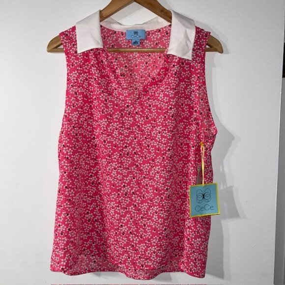 CeCe Women Collared Pink Sleeveless Floral Blouse Top Size M Medium NEW NWT - Picture 1 of 5